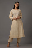 Set of 2: Cream White Pure Woven Cotton Kurta and Pants with Complimentary Matching Mask