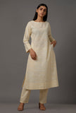 Set of 2: White Pure Woven Cotton Kurta and Pants with Complimentary Matching Mask