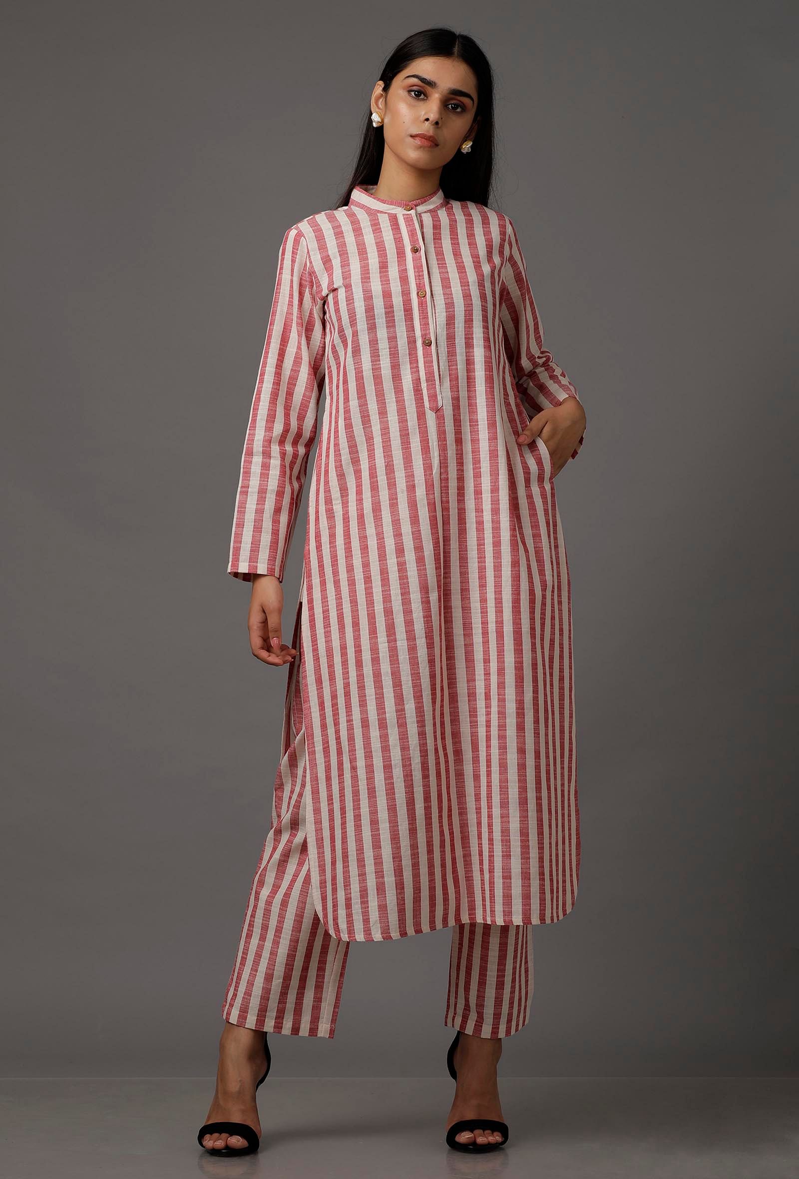 Set of 2: Red and White Stripes Pure Woven Cotton Kurta and Pants with Complimentary Matching Mask