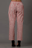 Set of 2: Red and White Stripes Pure Woven Cotton Kurta and Pants with Complimentary Matching Mask