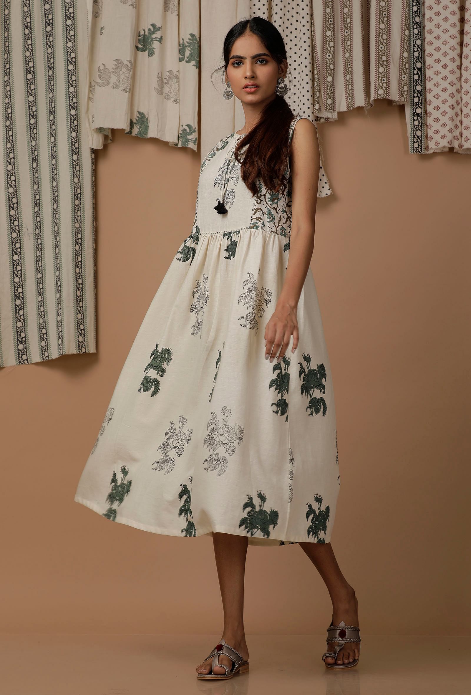Off White Floral Hand Block Printed Cotton Flex Dress
