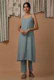 Set of 2: Powdered Blue Hand Block Printed Cotton Slip and Cotton Pants