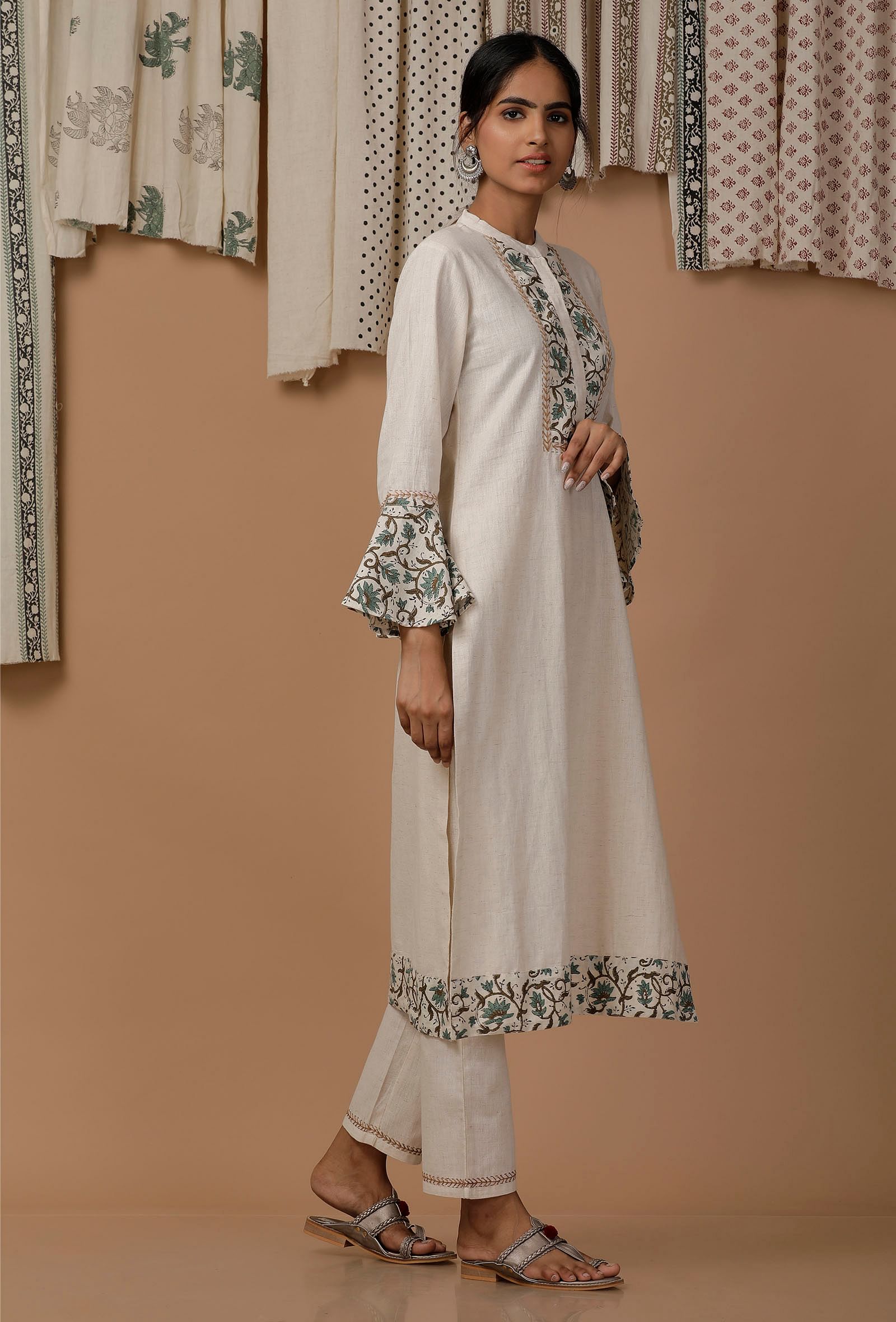 Aaima-Bell Sleeves Kurti With Lace Detailing-Lemon-Yellow - Mushkiya -  2800576