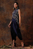 Set of 3 : Blue Asymmetric Georgette Cape With Satin Slip Blouse and Dhoti