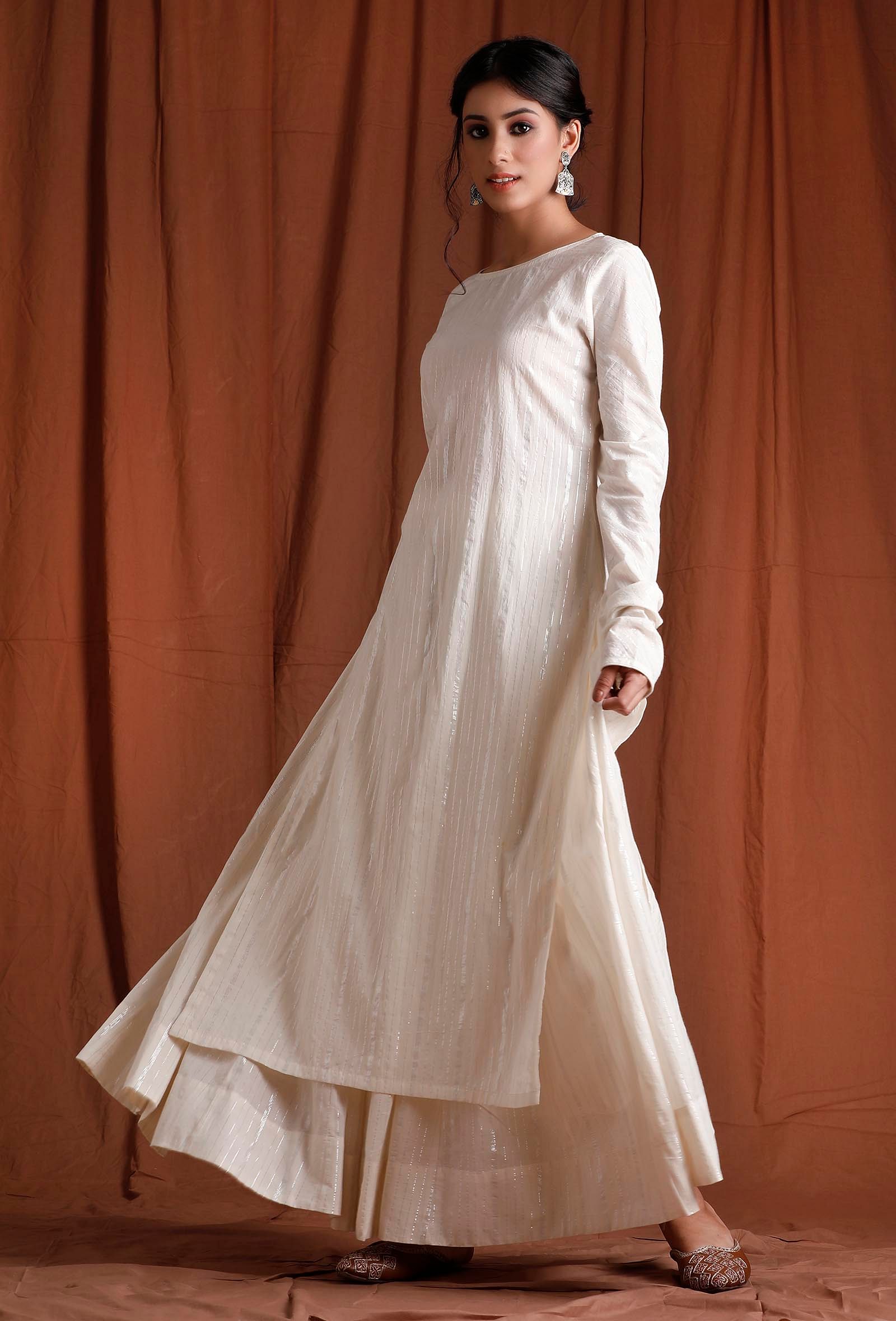 White Printed Silk Gown Kurta With Dupatta – Leemboodi