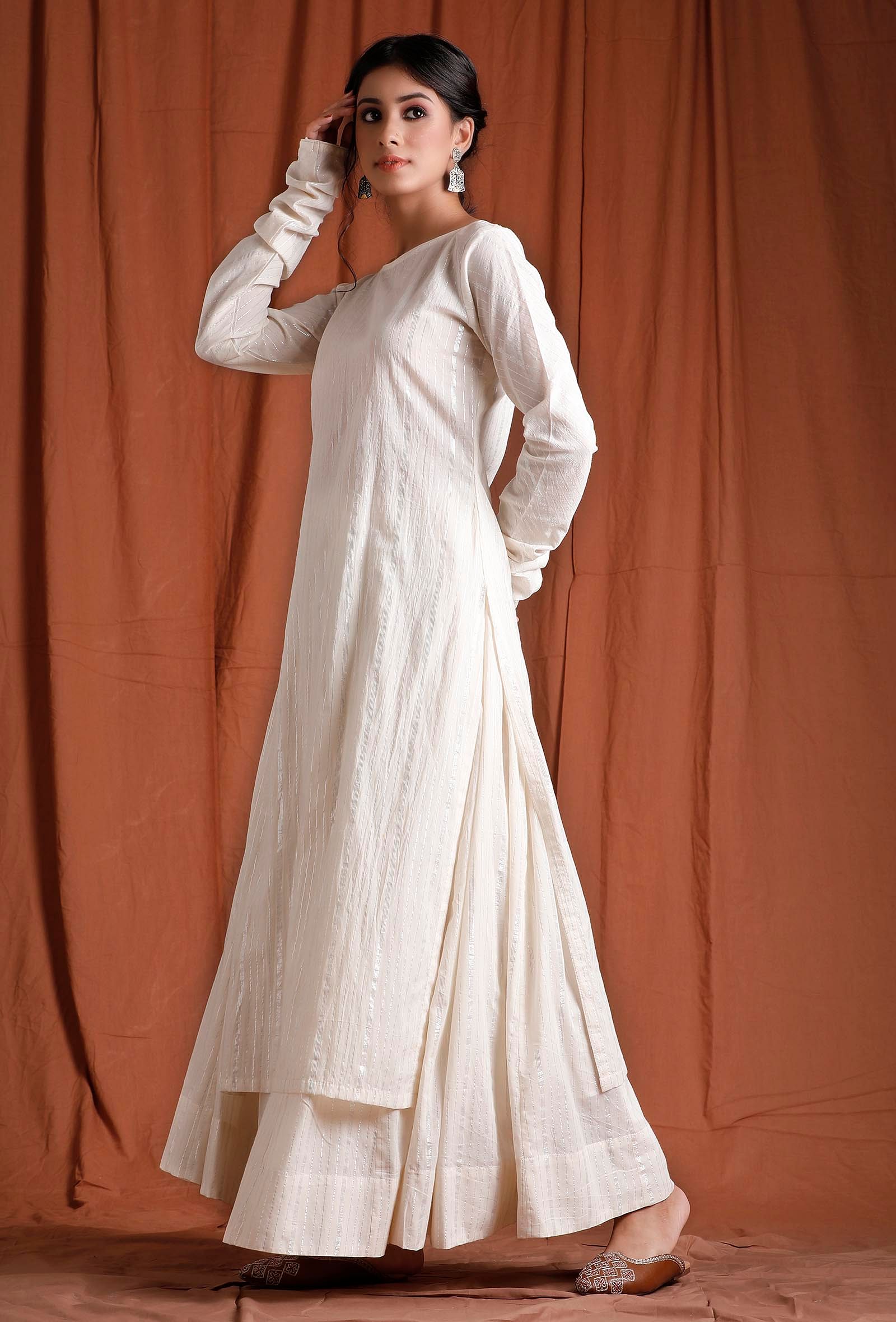 Buy Off White Cotton Full Sleeves Long Kurta Online @