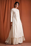 Off White Golden Cotton A-Line  Kurta