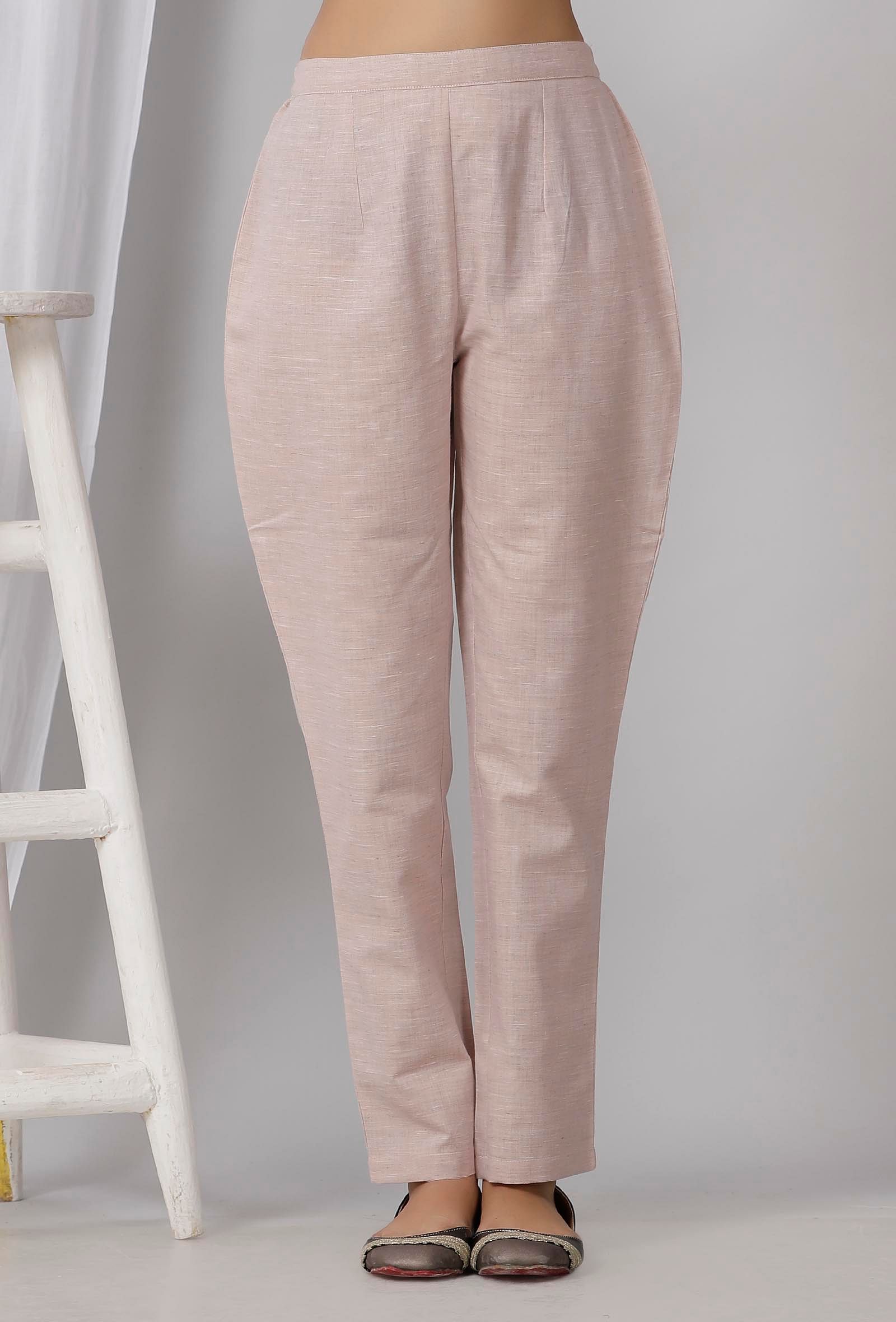 Cream Solid Cotton Trousers