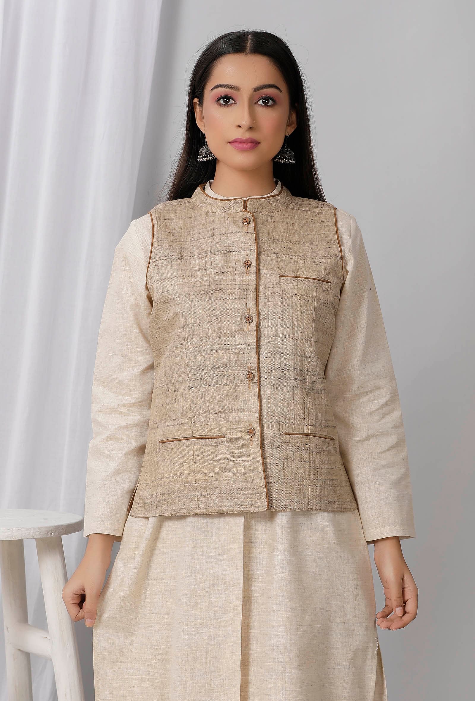 Brown Cotton Khadi Nehru jacket