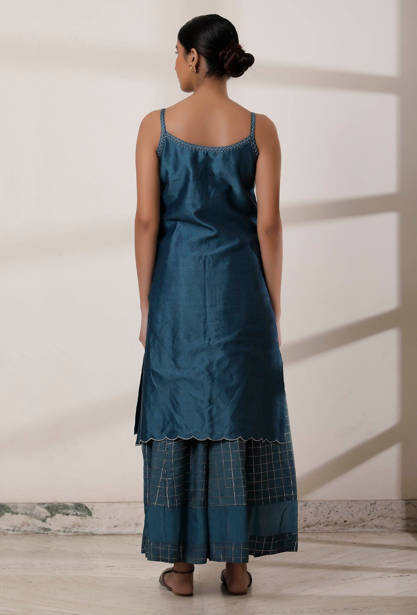 Set of 2: Teal Blue Slip and Chanderi Palazzo