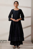 Set of 3: Black Kalidar Kurta with Palazzo with Blue Kani Dupatta