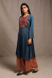 Agen Blue Front Embroidered side Knotted Kurta