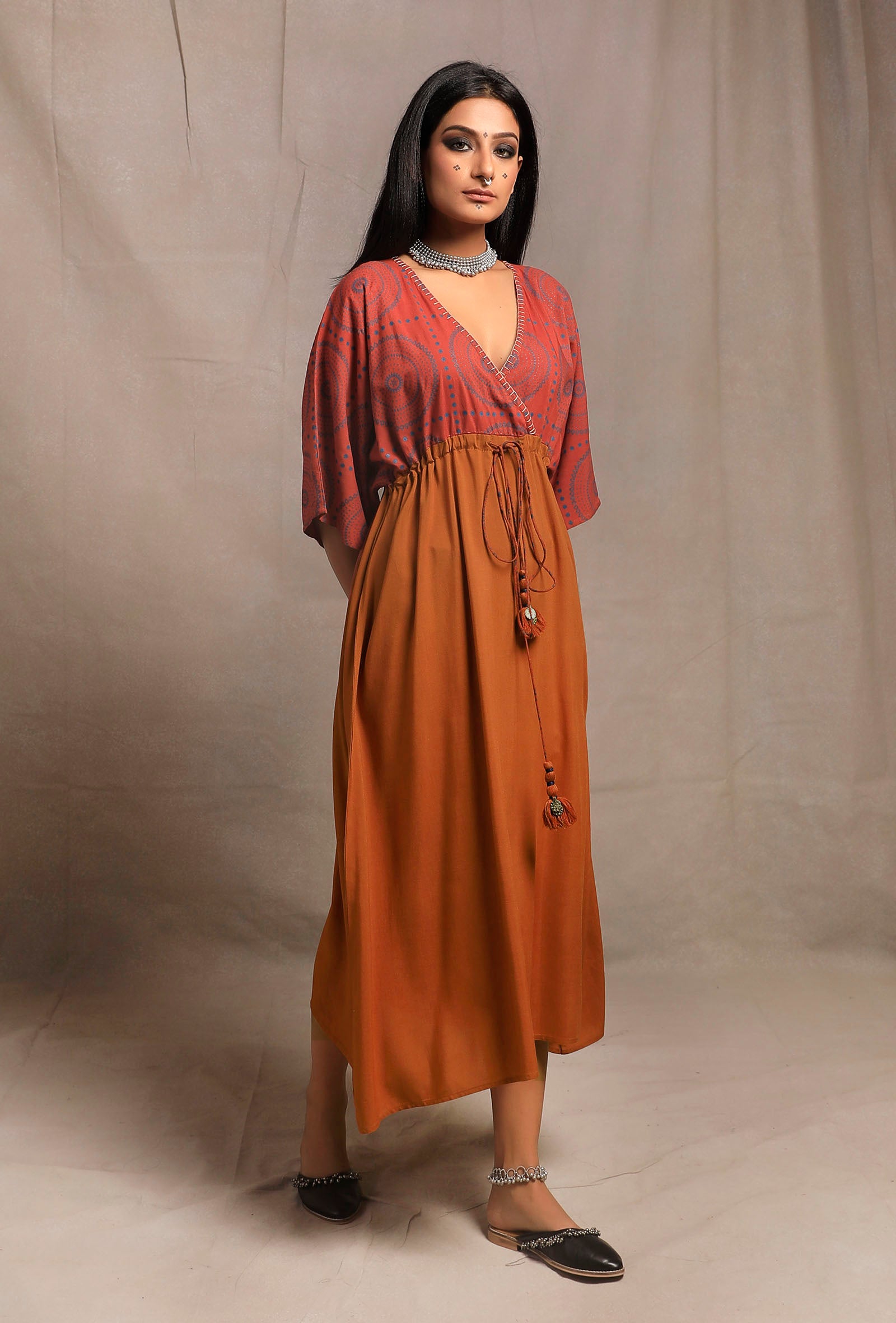 Brick-Orange V Neck Front Tie Kaftan dress