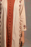 Set of 2: Ecru-Brick Front Open Kurta Dress With Burnt Brick Buttoned Slip