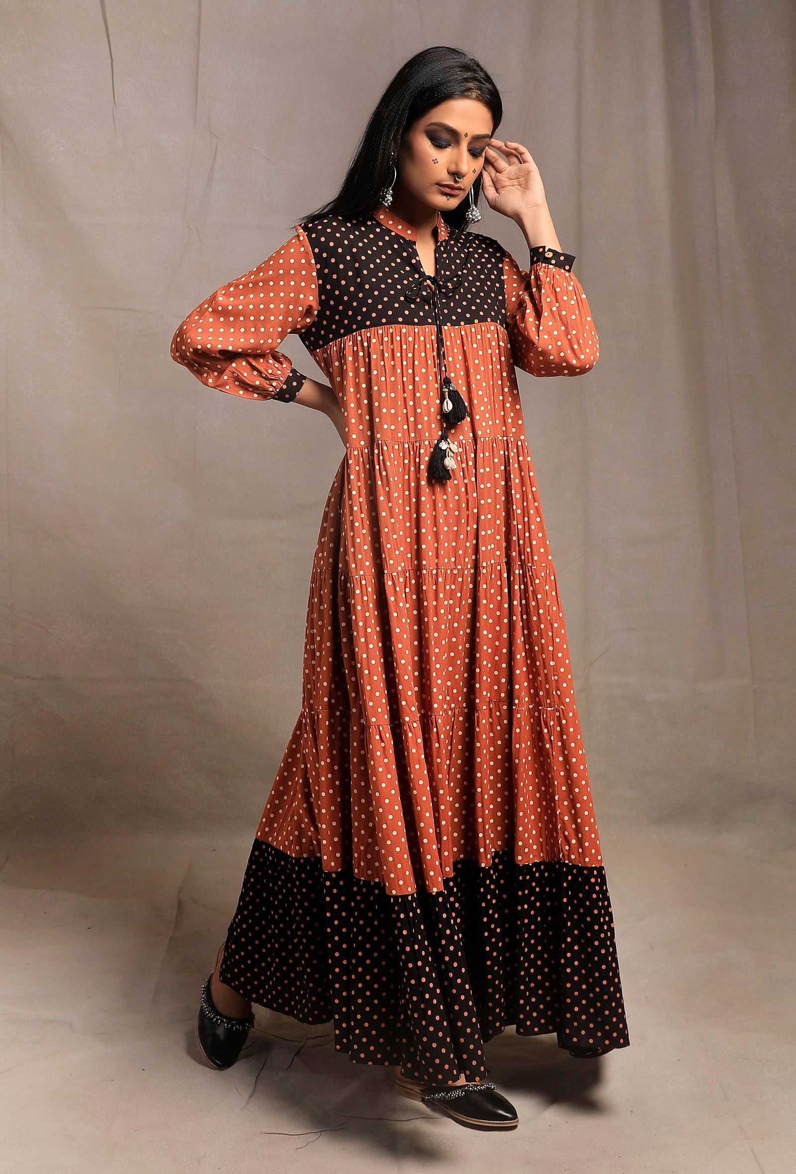 Rust Orange Mirror Embellished Yoke Kurta With Puff Sleeves. - Varanga -  3536505