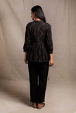Set of 2: Black Hand Block Printed Gathered Buttoned Shirt with Black Narrow Pants