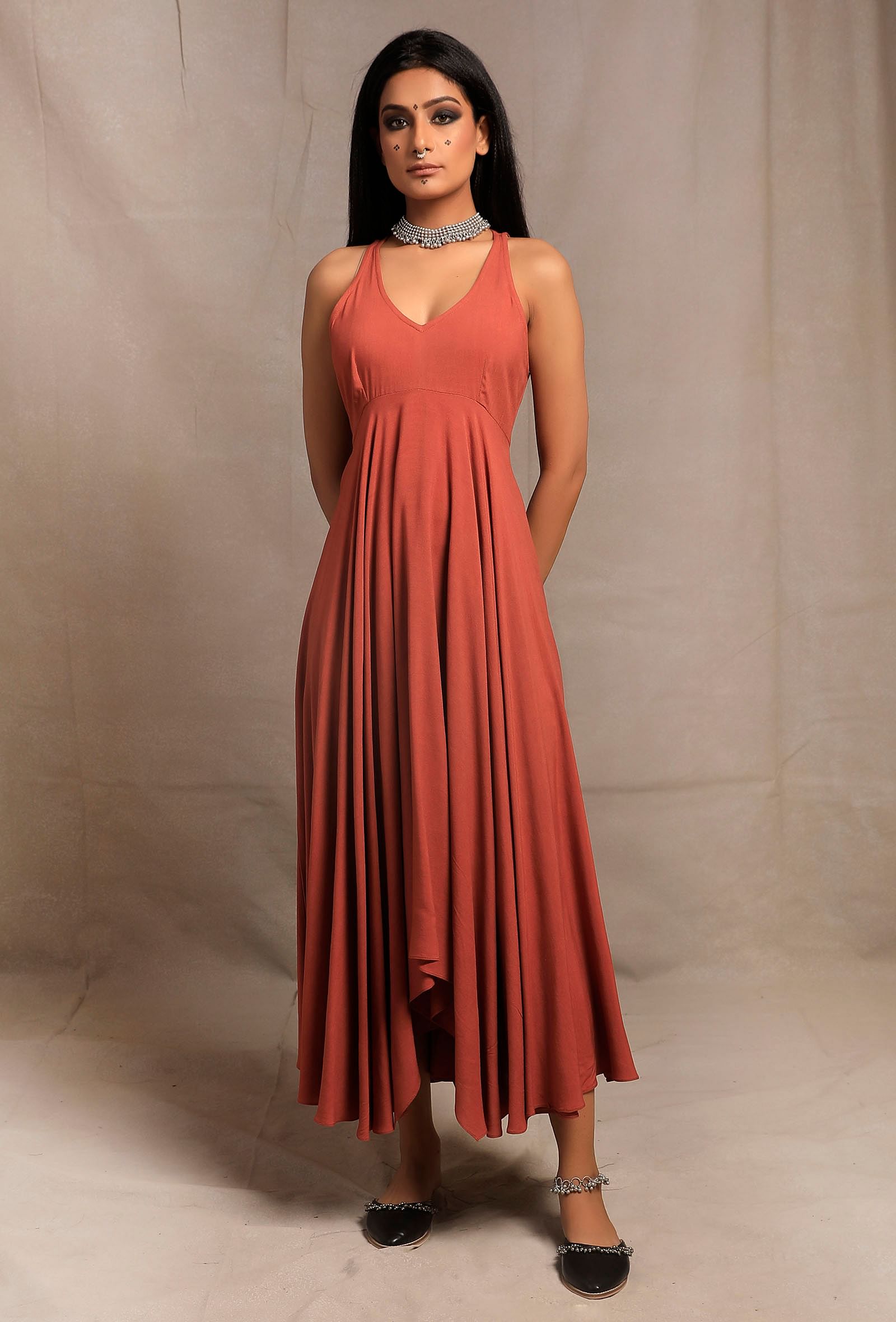 Set of 2: Black Front Open Asymmetrical Printed Shrug with Burnt Brick Sleeveless Asymmetrical Dress