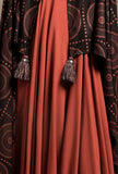 Set of 2: Black Front Open Asymmetrical Printed Shrug with Burnt Brick Sleeveless Asymmetrical Dress