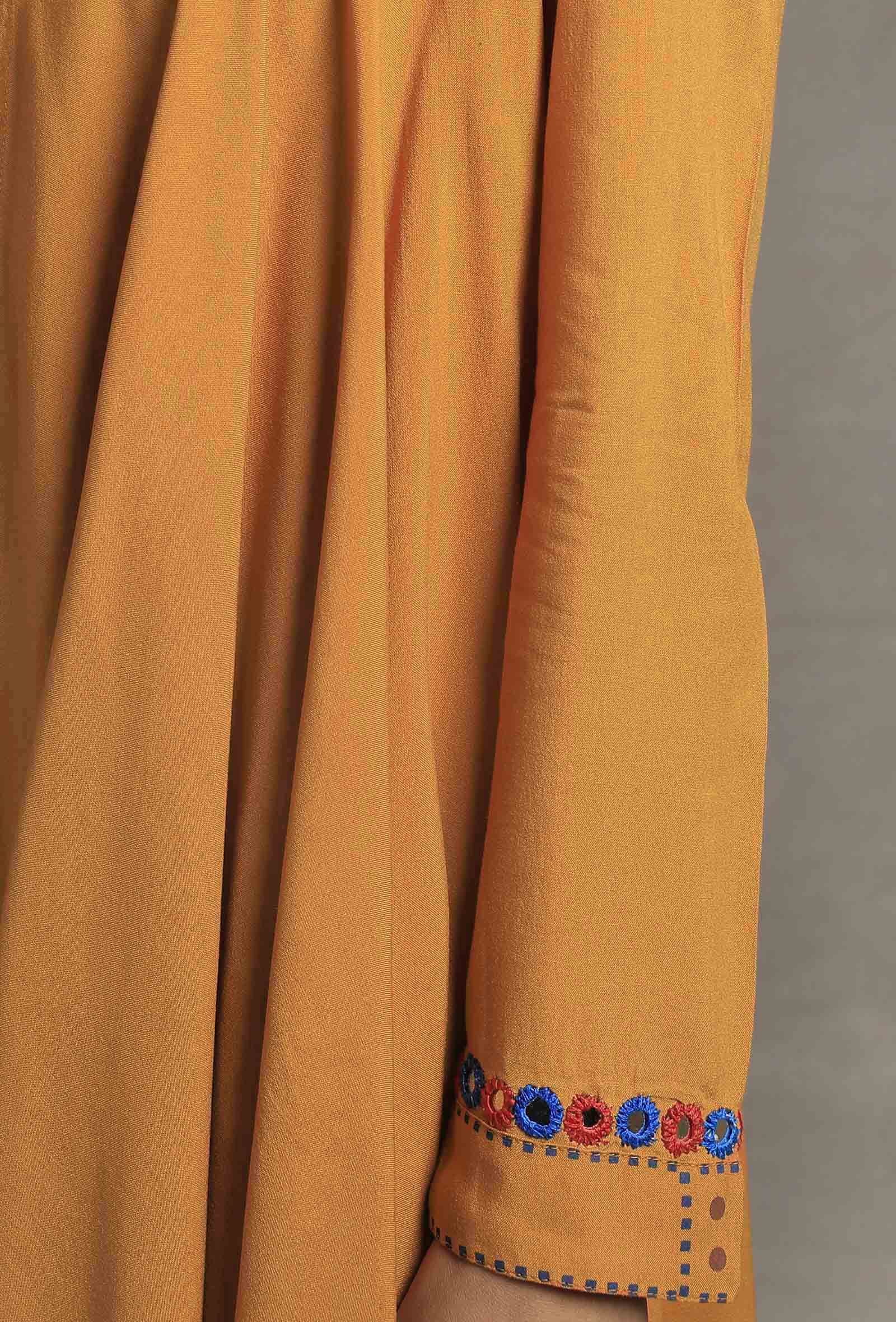 Set of 2: Mustard Yellow Hand Block Printed Kalidar Long Skirt with Mustard Yellow Front Open Asymmetrical Top