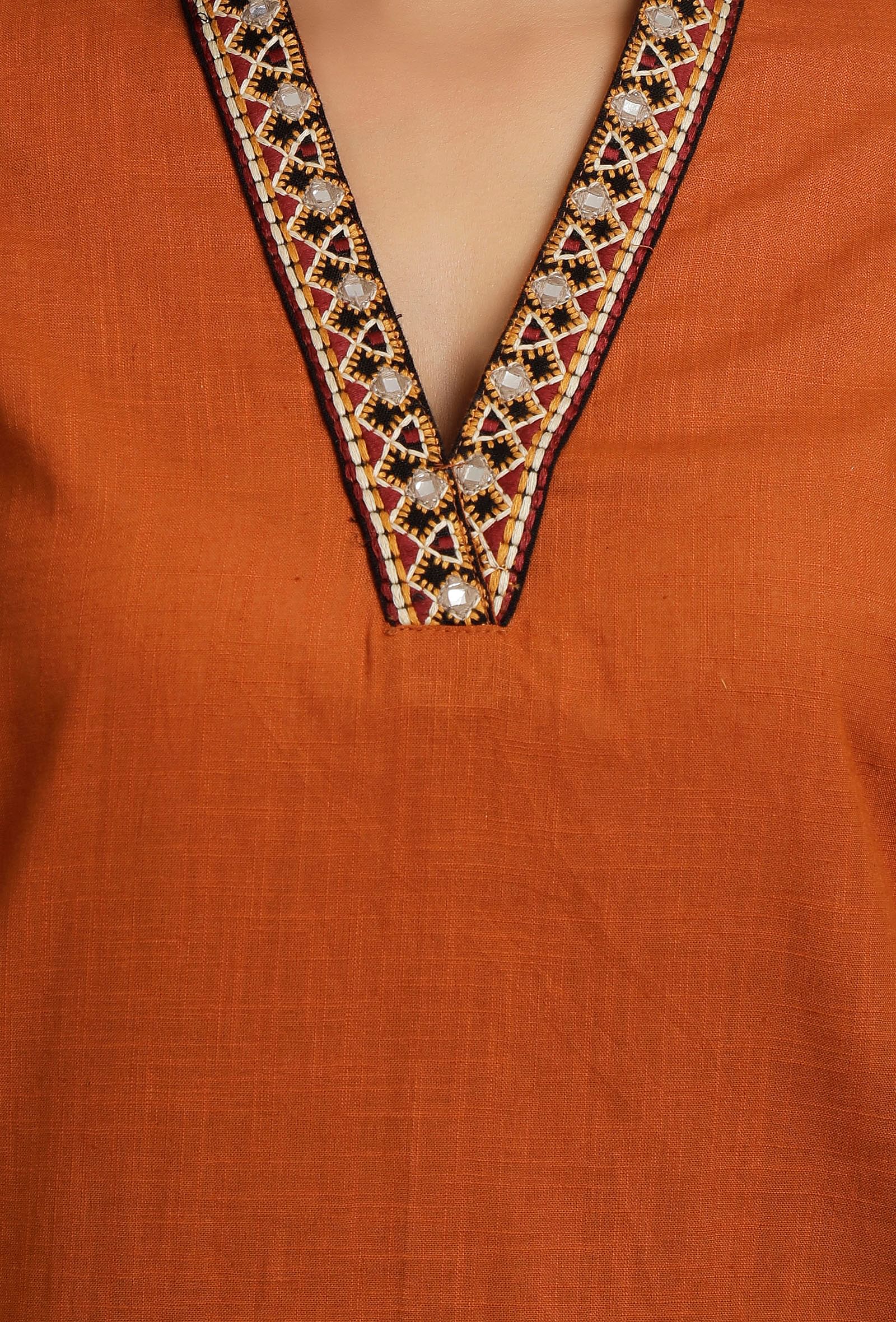Orange Rust Kurta With Embroidery Details in Neckline