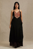 Set Of 2: Solid Black Slip Kurta With Yoke Embroidery Details With Black Hand-Block Printed Palazzo Pants