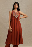 Solid Rust Rayon V neck front gather Kurta with Yoke Embroidery