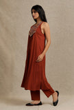 Solid Rust Rayon V neck front gather Kurta with Yoke Embroidery