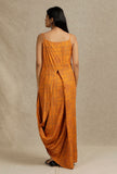 Mustard Hand Block Printed draped styled long Dress