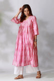 Pink Gathered Ikkat Flared Kurta