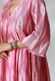 Pink Gathered Ikkat Flared Kurta