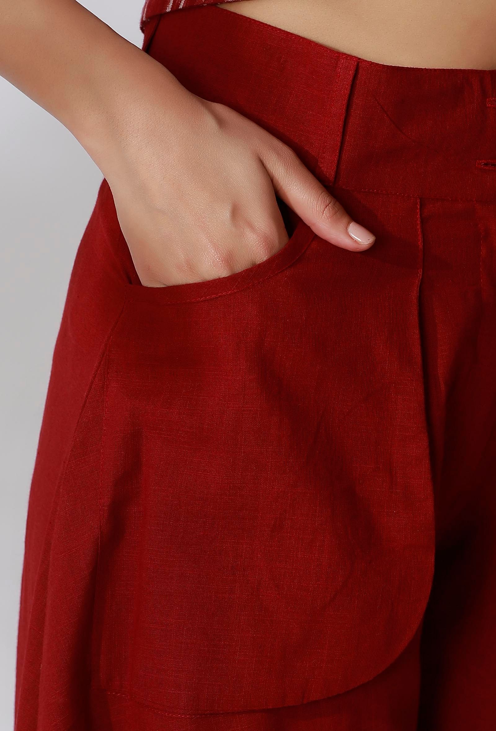Maroon High Waist Pants With Front Pockets