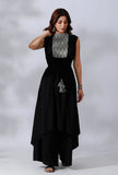 Black Asymmetrical Tie-Up Kurta With Ikkat Yoke In Front And Back Side Panels