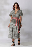 Black And Grey Ikkat Wrap Around Dress With Maroon Belt