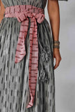 Black And Grey Ikkat Wrap Around Dress With Maroon Belt