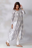 Blue And White Ikkat Buttoned Down Gathered Kurta With Front Slip
