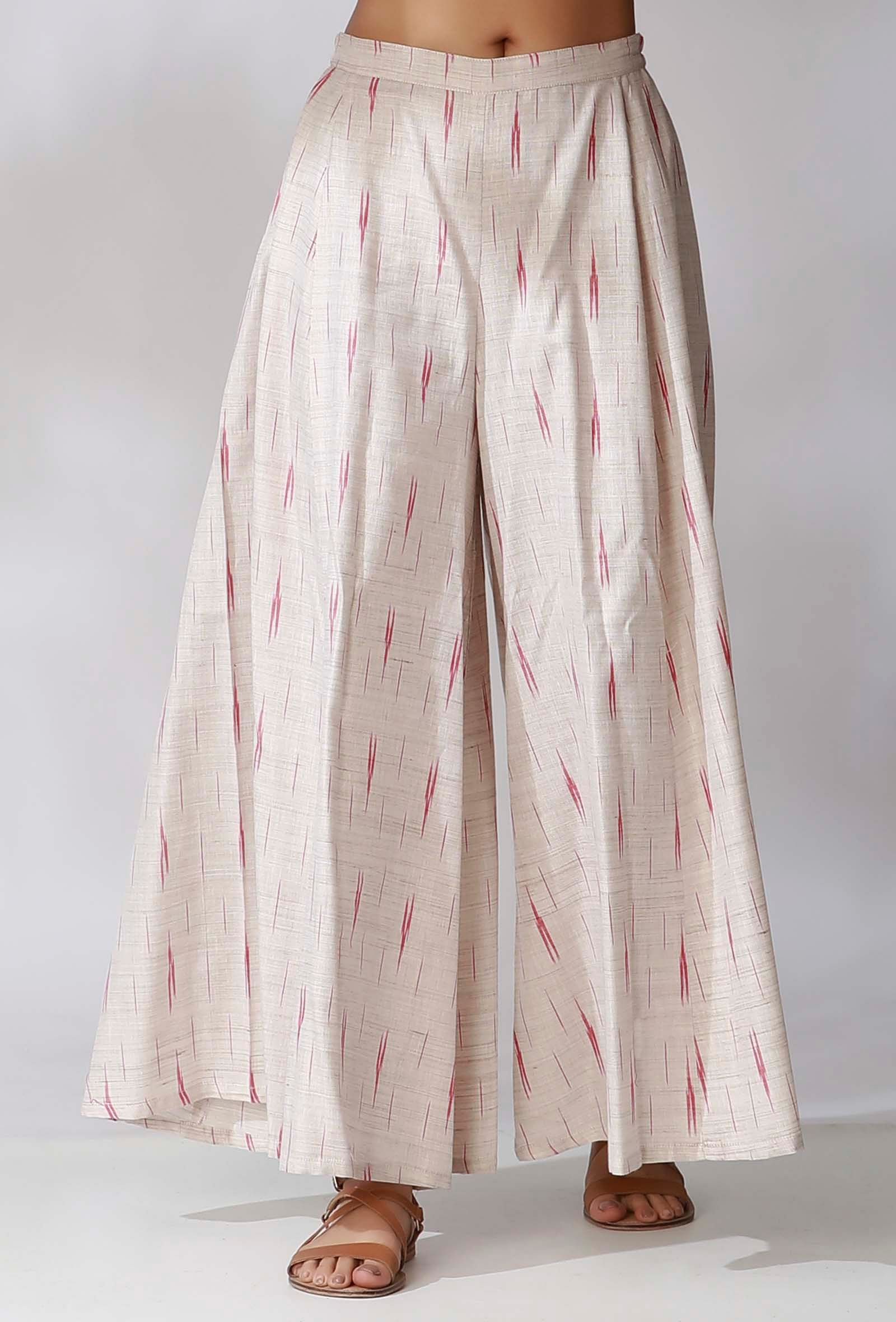 White And Maroon Flared Ikkat Wide Pants