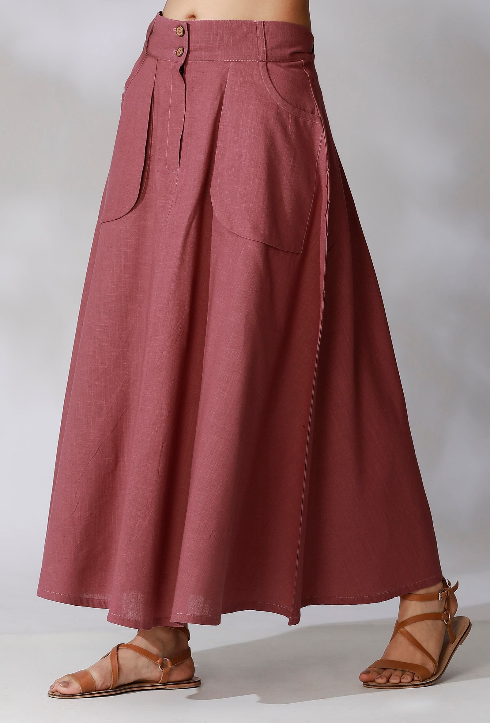 Mauve Color Cotton Straight Skirt With Wide Pockets TJORI