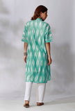 Set Of 2- Aquamarine Green Ikkat Kurta with White Cotton Pants With Pockets