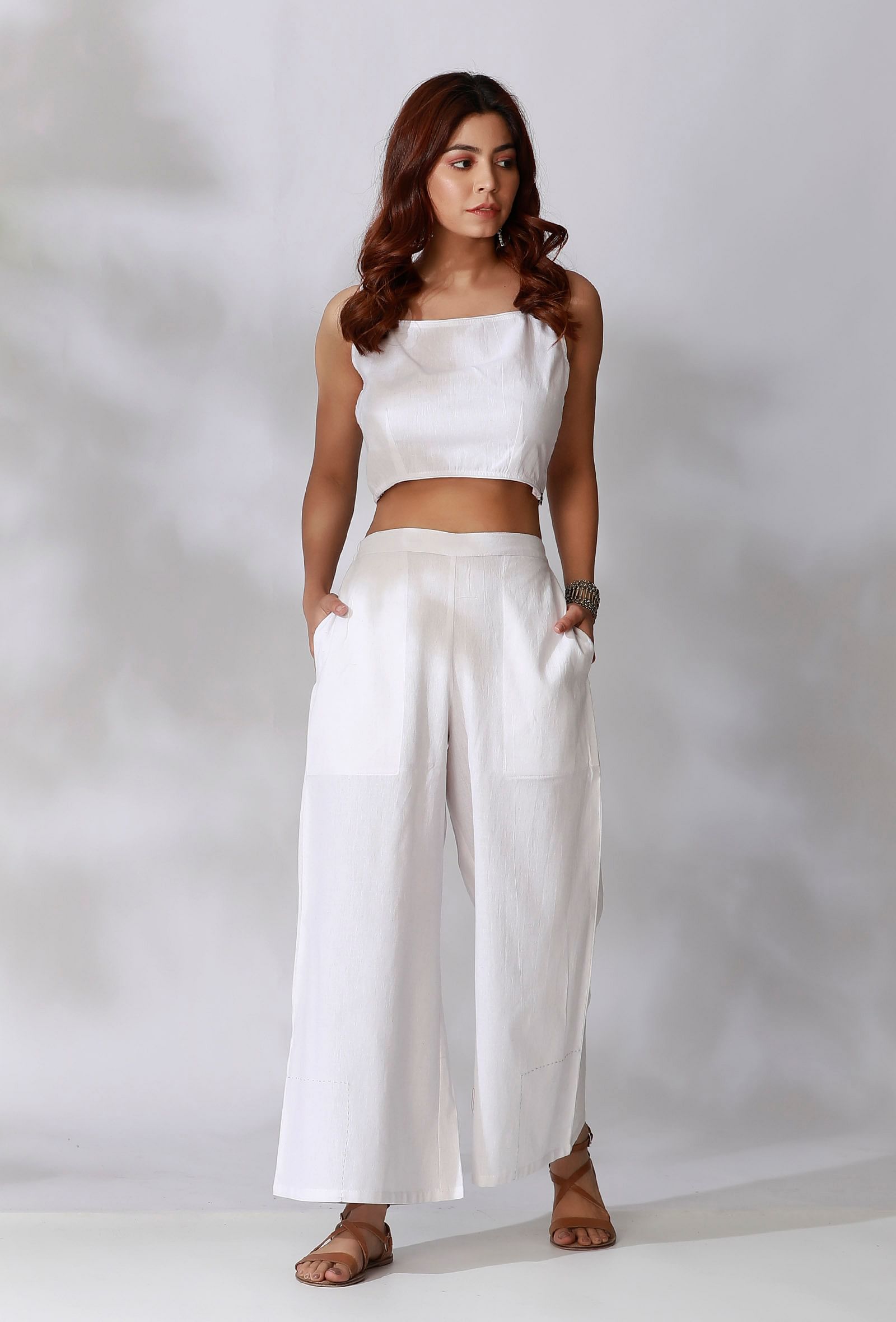 Set Of 2- White Cotton Crop Top with White Cotton Pants With