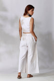 Set Of 2- White Cotton Crop Top with White Cotton Pants With Pockets