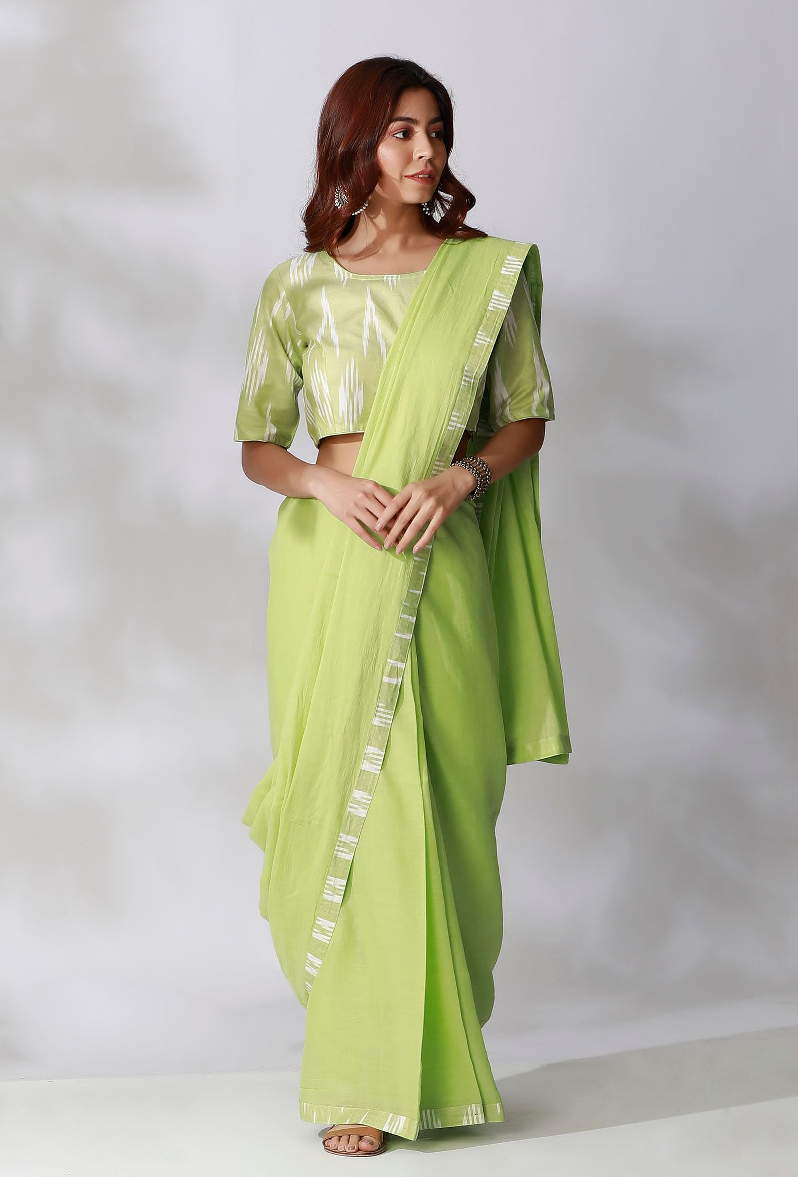 Set Of 2- Lime Green Ikkat Border Saree with Lime Green Ikkat Blouse