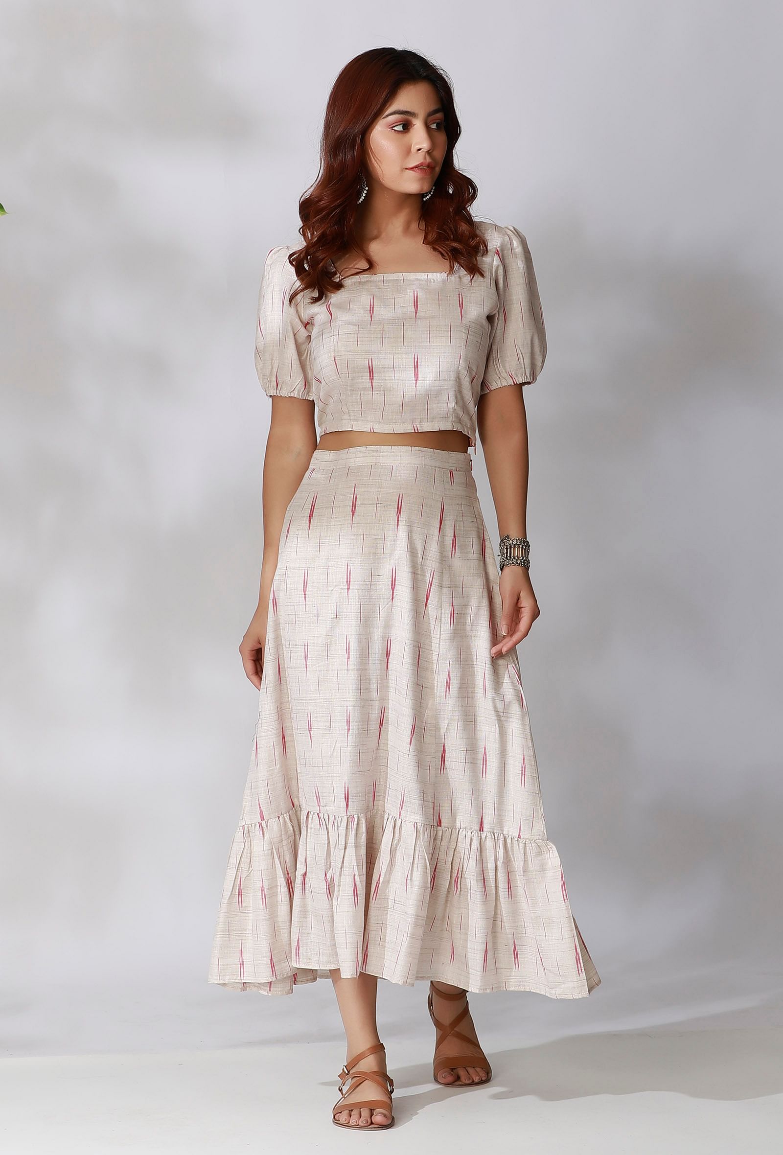 Set Of 2- White Crop Top with White Ikkat Gathered Skirt – TJORI