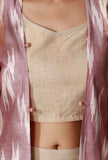 Set Of 3- Beige Cotton Slub Crop Top with Beige Cotton Slub Pants and Multicolor Ikkat Patchwork Overlay
