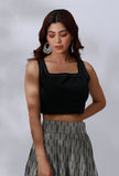 Set Of 3- Black Cotton Flared Overlay Black Cotton Crop top with Black and Grey Ikkat Culottes