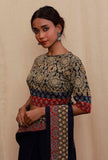 Blue and Red Round Neck Ajrak Printed Cotton Blouse