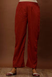 Rust red cotton straight pants with elastic back waist and 38-inch length from Tjori