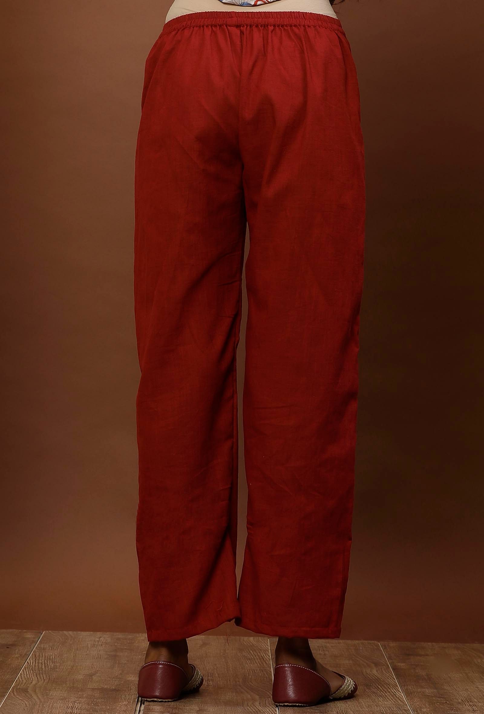 Set of 3: White & Rust Red Kalamkari Cotton Kurta with Red Cotton Straight Pants & Dupatta