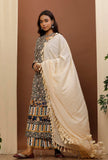 Set Of 3: Black Kalamkari Straight Kurta and Beige Cotton Dupatta with Black Kalamkari Flared Pants