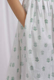 White and Green Block Printed Cotton Slub Flared Dress