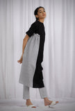 Set Of 2: Black Cotton Cotton Kurta With Cotton Black Striped Straight Pants